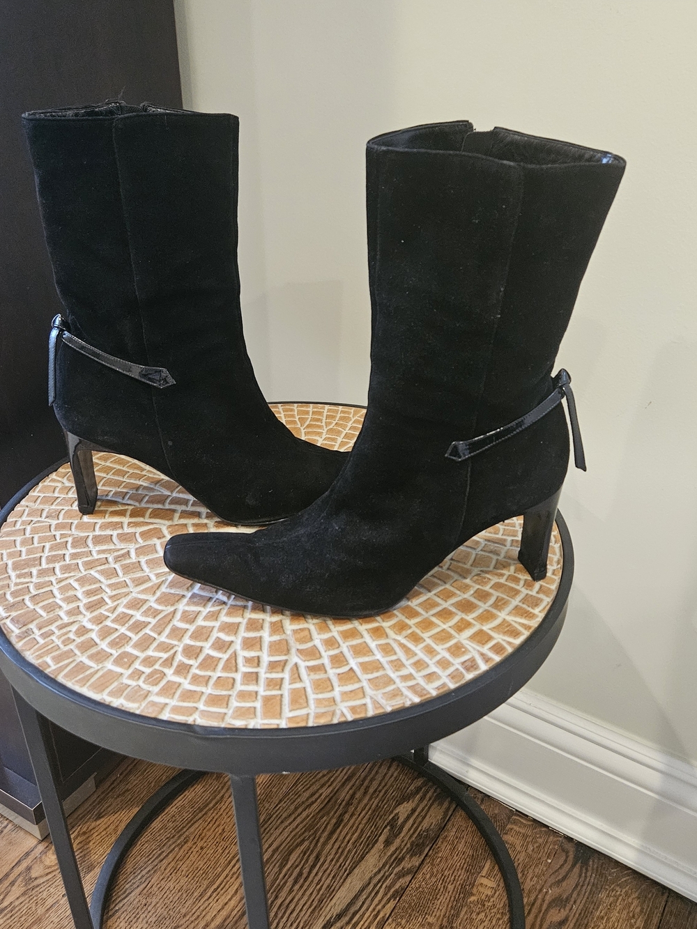 Giorgio Armani Black Suede Mid-Calf Pointed Toe Heeled Boots, Size 8.5